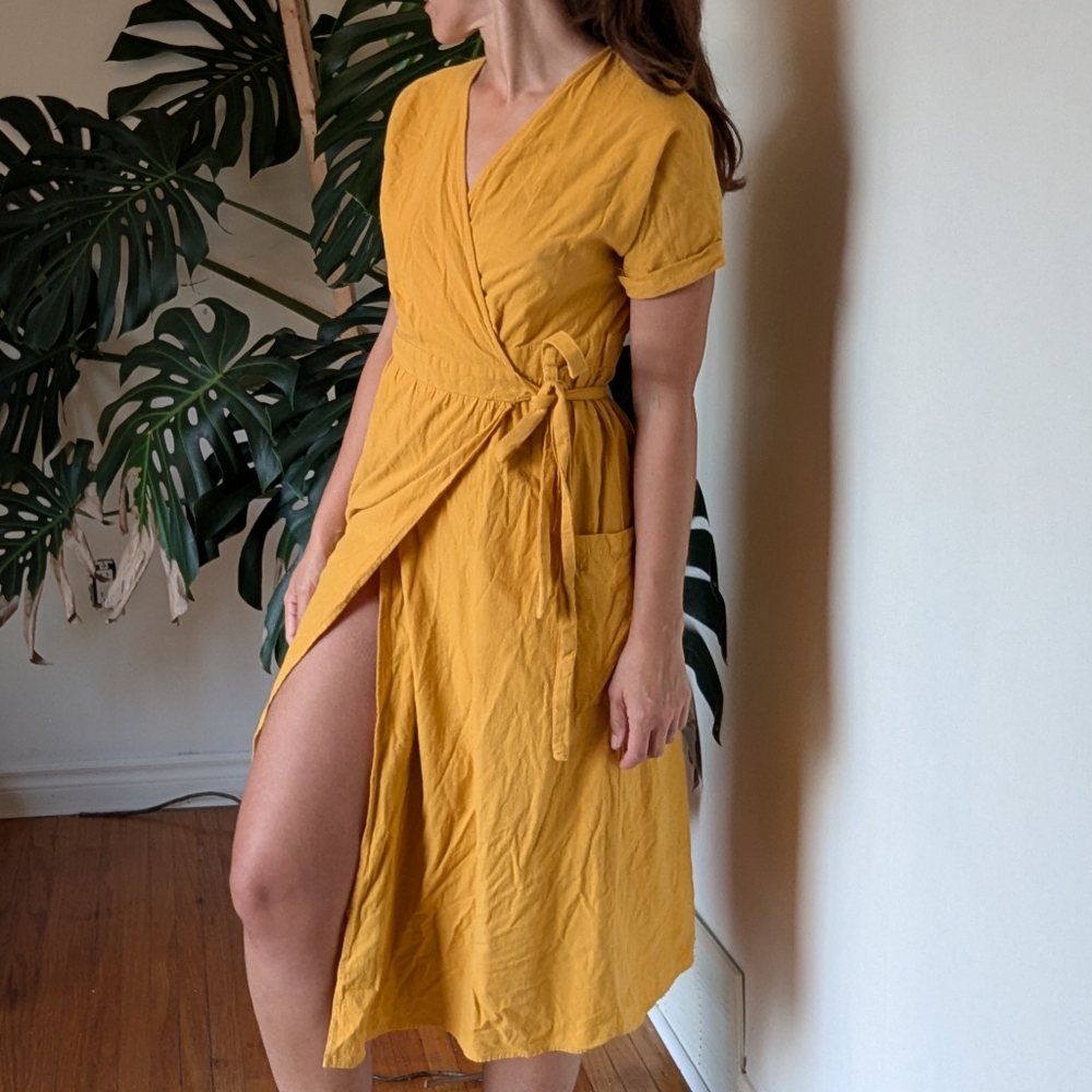 URBAN Romantics Mustard Wrap Midi Cotton Dress